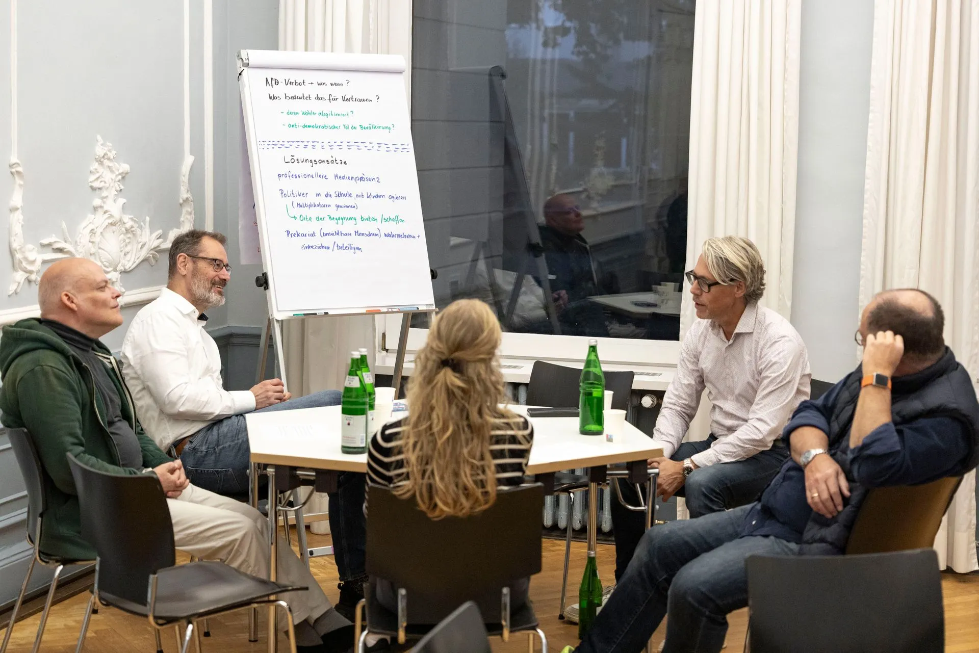 Fünf Menschen sitzen um einen Tisch und sprechen miteinander. Daneben steht ein Flipchart mit handschriftlichen Notizen aus dem Gespräch.